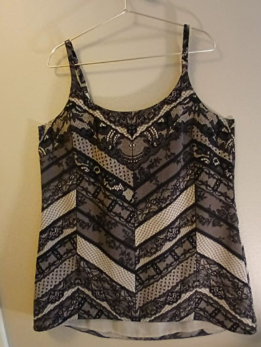 CAbi Monaco Lace Print Cami Tank Style 3278 Large Black Beige